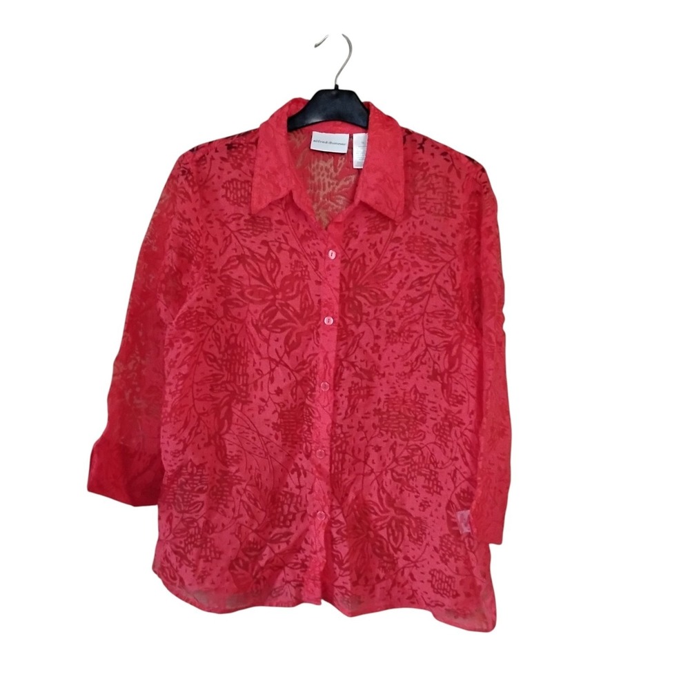 Alfred Dunner Red Burnout Floral Button Down Blouse 3/4 Sleeve Size 12